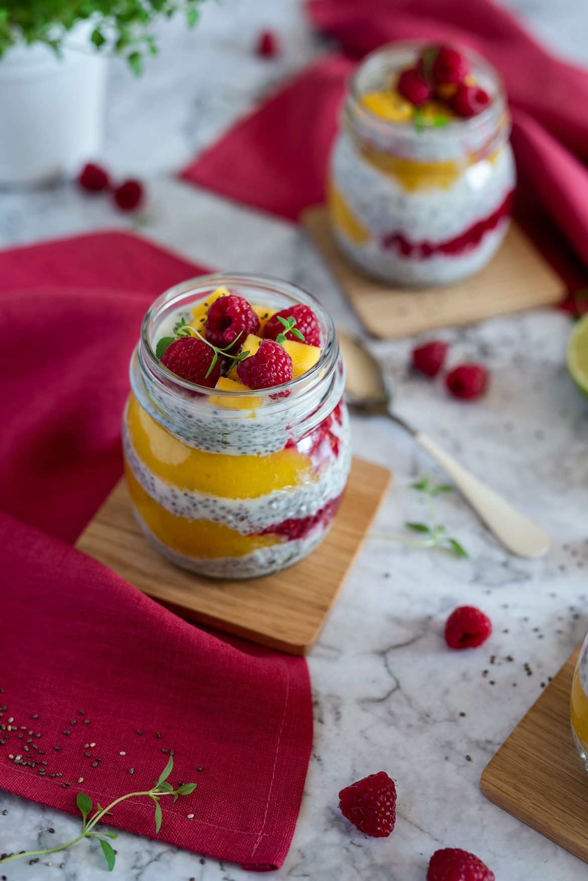 Kokosinis ispaninio šalavijo sėklų (chia) pudingas su mangais ir avietėmis