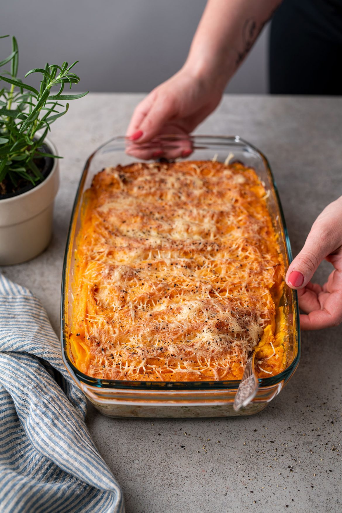 Lašišos pyragas su saldžių bulvių koše