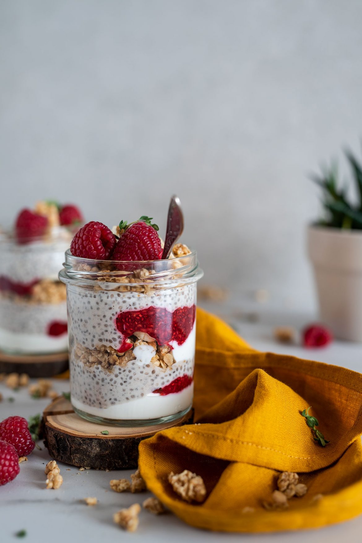 Kokosinio-bananinio chia pudingo, aviečių-chia džemo ir graikiško jogurto sluoksniuotis su bananais